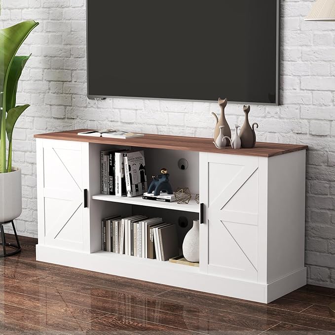 HollyHOME Farmhouse TV Stand for Televisions up to 65”, Wood Entertainment by HollyHOME