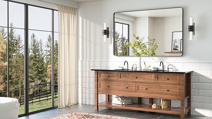 TETOTE Black Vanity Mirror 48 x 30 Matte Black Bathroom Mirrors, Tempered Glass - Image 8
