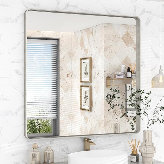 36x36 Inch Brushed Nickel Bathroom Mirror, Square Brushed Silver Metal Framed by VANLIOBathroomMirror