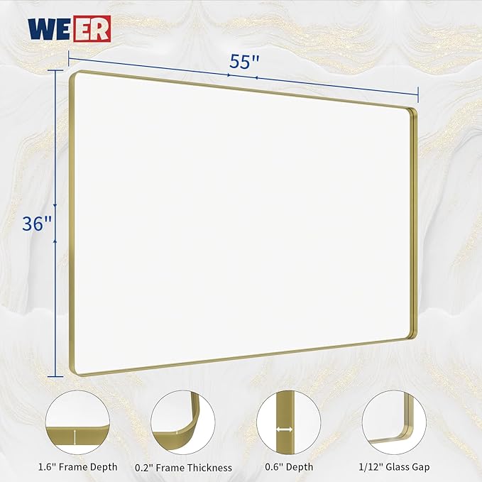 WEER Gold Bathroom Mirror, 55X36 Inch Brushed Gold Metal Frame Mirror, Rounded - Image 6