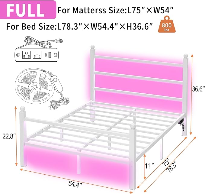 Full Size Bed Frame with Headboard and Footboard, Steel Slats Support-LED Bed - Image 2