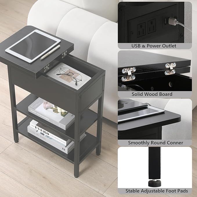 Modern End Table with Charging Station, Narrow Side Table with USB Ports & - Image 5