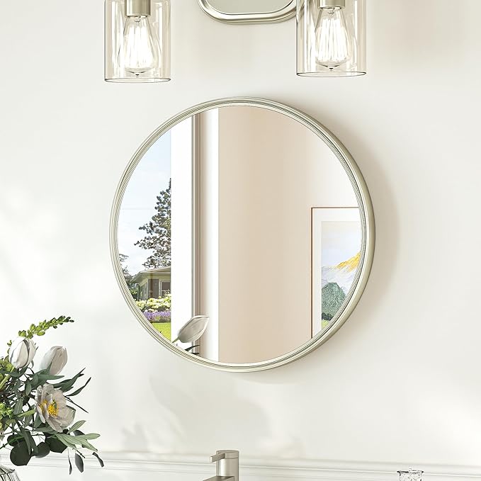 TokeShimi 16 in Round Bathroom Vanity Mirror Framed Brushed Nickel Bathroom by RefinedBathroomAccessories