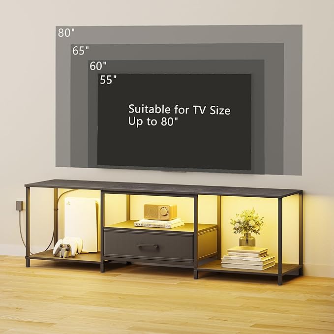 TV Stand with LED Lights, Entertainment Center with Open Shelves and Fabric - Image 6