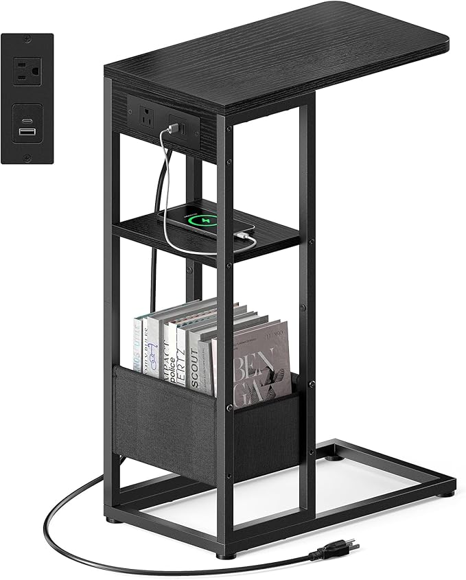C Shaped End Table with Charging Station, Small Side Table by Yuede