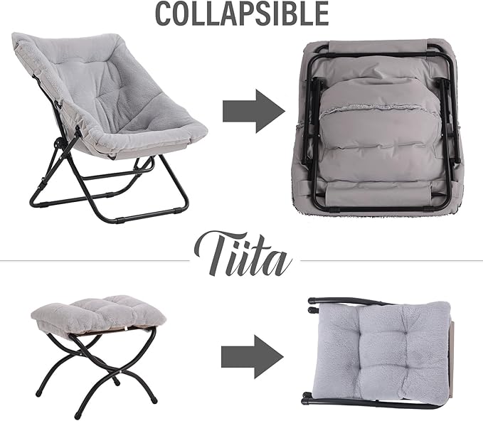 Tiita Folded Chair with Ottoman, Soft Faux Fur Oversized Folding Accent Chair - Image 5