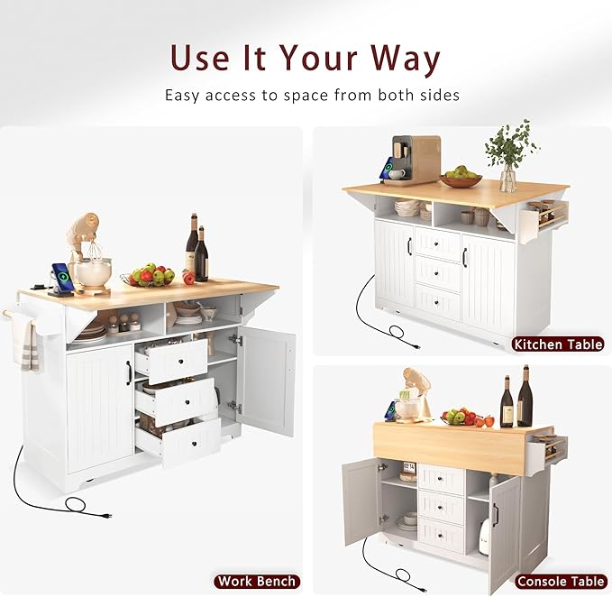 56" Large Kitchen Island with 2 Drop Leafs, Rolling Kitchen Cart on 5 Wheels - Image 6