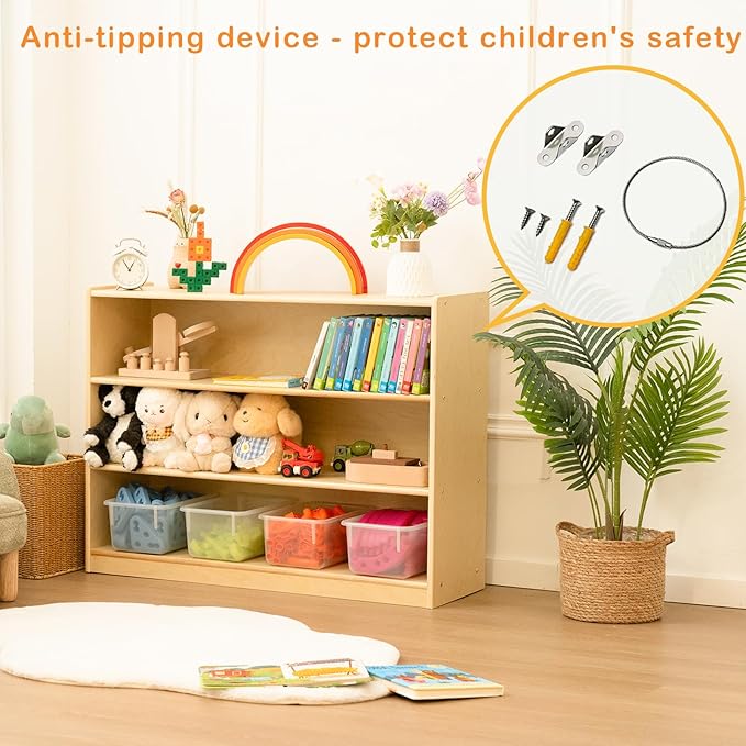 Kids Bookshelf and Toy Storage Shelf, Wooden Montessori Bookshelf, 3-Tier Toy - Image 5