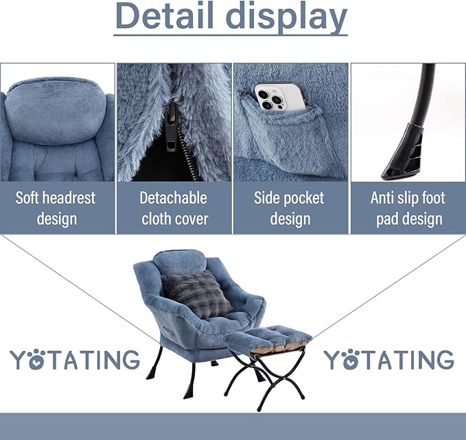 Lazy Chair with Ottoman, Comfy Reading Chair with Footstool & Throw Pillow - Image 4
