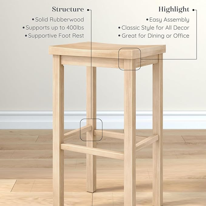 Grain & Grove Smith Collection Solid Wood Bar Stool, 30 inch Saddle-Seat Bar - Image 4