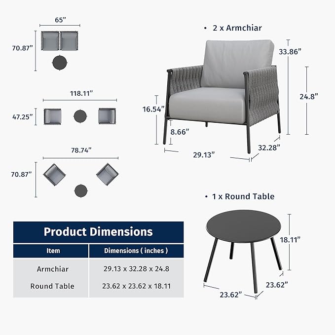 EAST OAK 3-Piece Patio Furniture Set | Armchairs & Coffee Table | Outdoor - Image 9