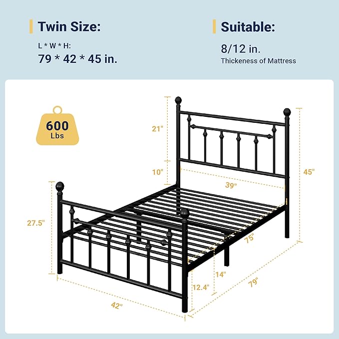 Allewie 14 Inch Twin Size Metal Platform Bed Frame - Image 2
