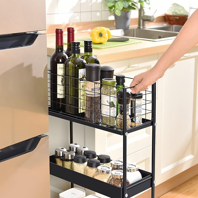 KINGRACK 3-Tier Metal Rolling Cart, Slim Storage Cart, Mobile Shelving Unit - Image 6