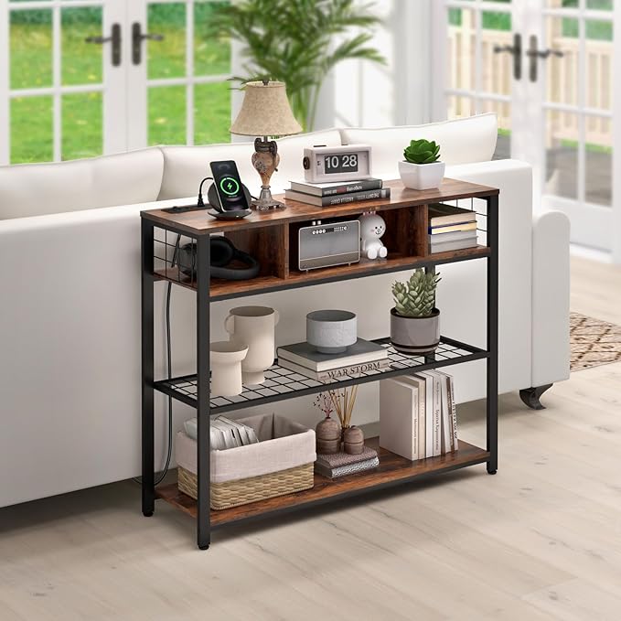 Console Tables with Charging Station, 4 Tier Narrow Sofa Tables with Storage - Image 7