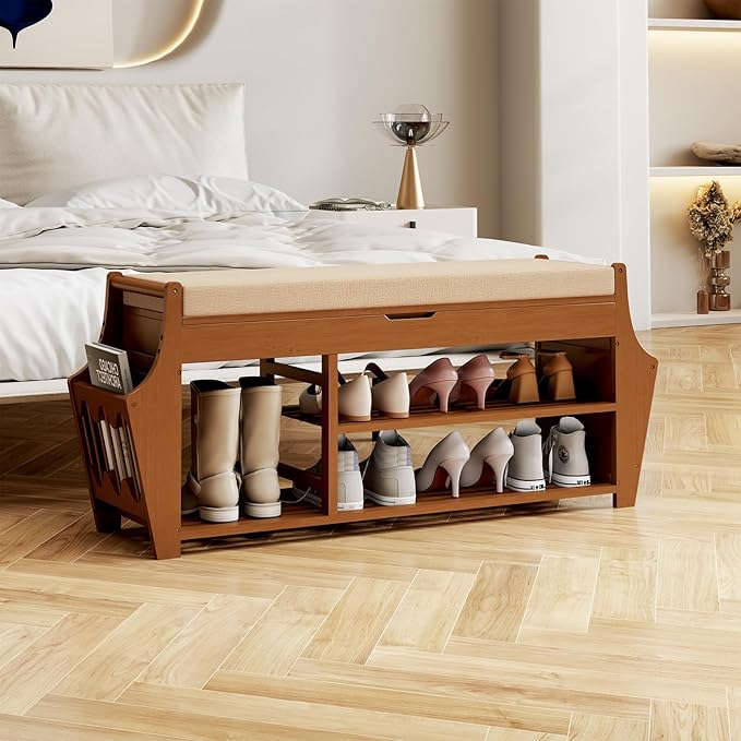 39.4in Shoe Bench with 2 Side Holder, 3 Tier Bamboo Entryway Bench with Storage - Image 9