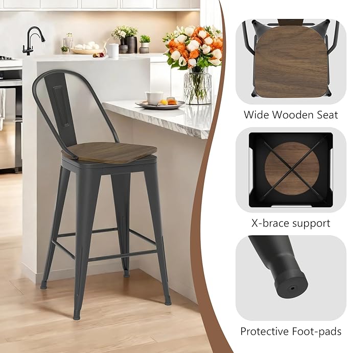 26” Swivel Bar Stools Set of 4, Counter Height Bar Stools Wooden Seat, Metal - Image 6