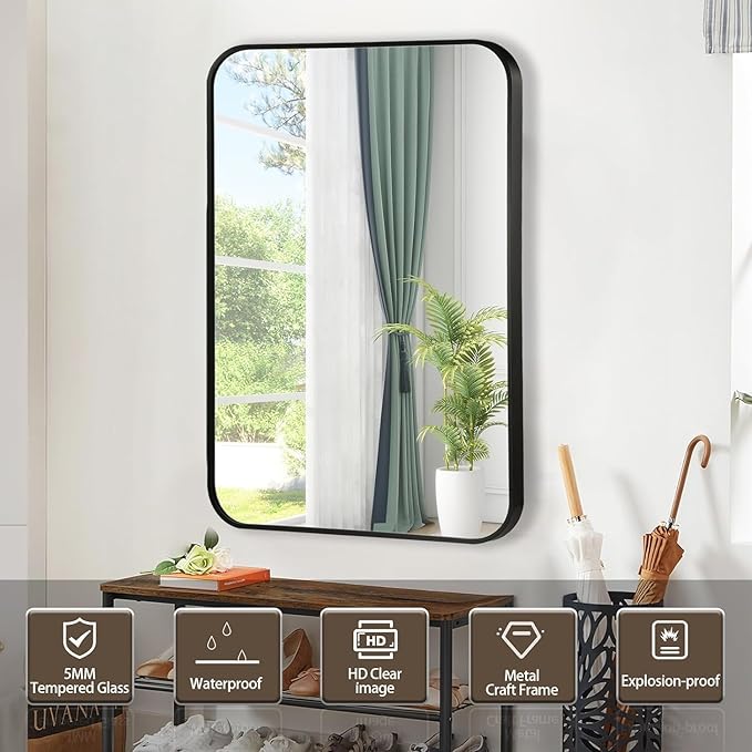 Black Bathroom Mirror, 48x30 Inch Matte Black Mirror, Aluminum Alloy Framed - Image 2