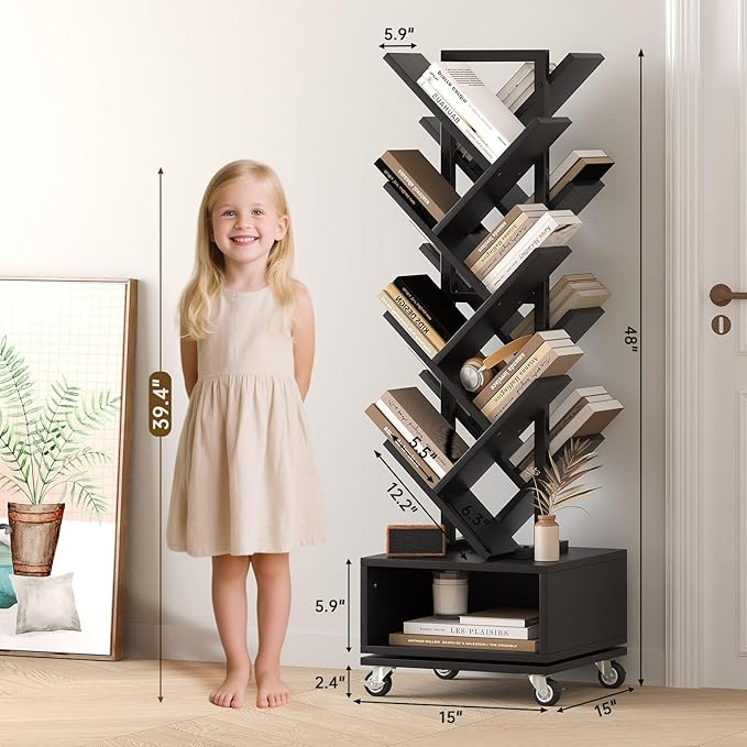 7 Tier Double Sided Rotating Tree Book Shelf, Floor Standing Wood Bookshelf - Image 3