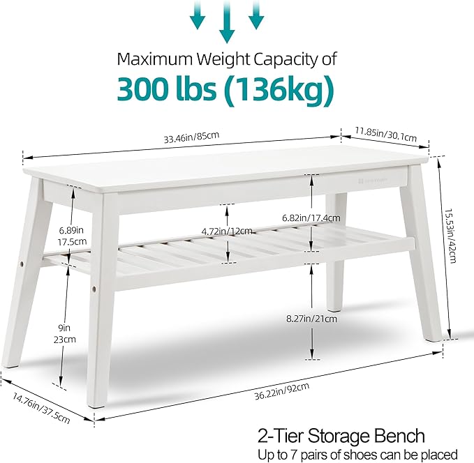 Nnewvante 33.46" Bamboo Dining Bench, 2 Tier Indoor White Storage Bench - Image 2
