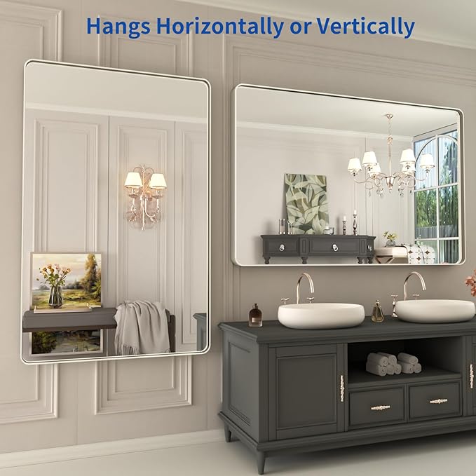 WEER 48X30 Inch Brushed Nickel Bathroom Mirror, Brushed Silver Metal Frame - Image 5
