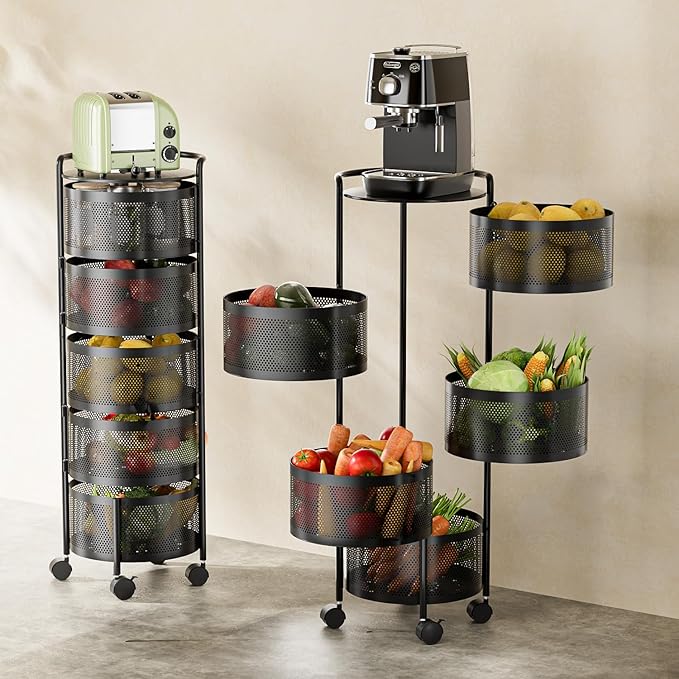 JAQ Rotating Fruit Basket, 5-Tier Metal Sturdy Kitchen Storage Rack Shelf Carts by JAQ-BuyNow