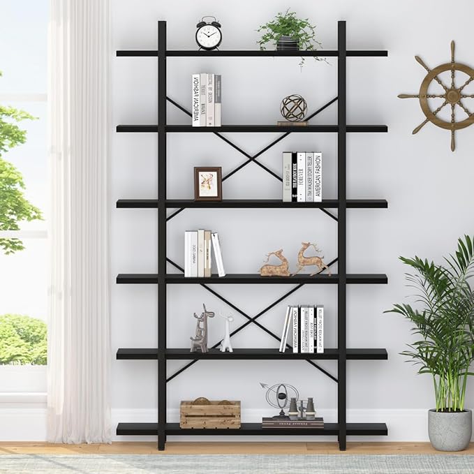 HSH 6 Tier Tall Black Bookshelf, Modern Large Storage Book Shelves & Display - Image 4