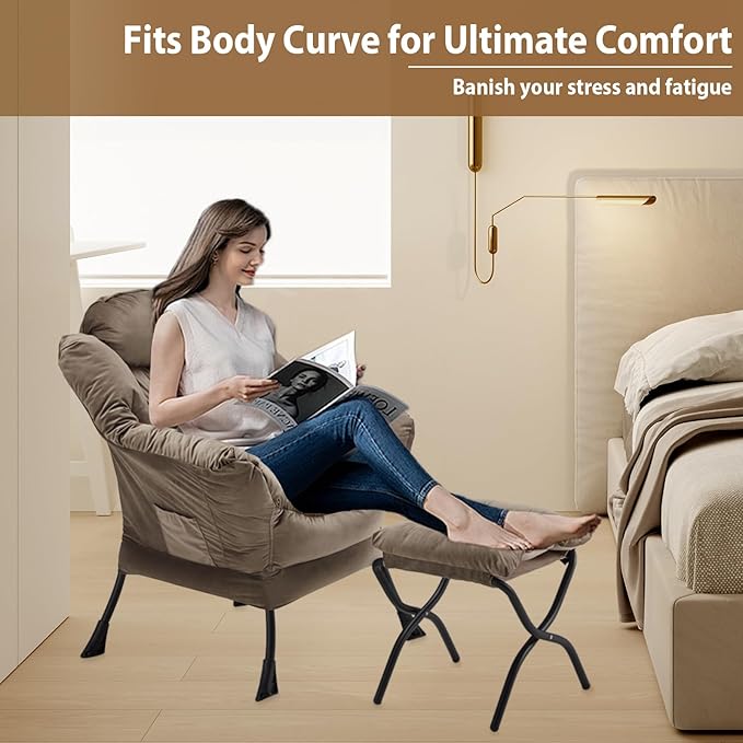 Lazy Chair with Folding Ottoman, Accent Chair Velvet Upholstered with Metal - Image 5