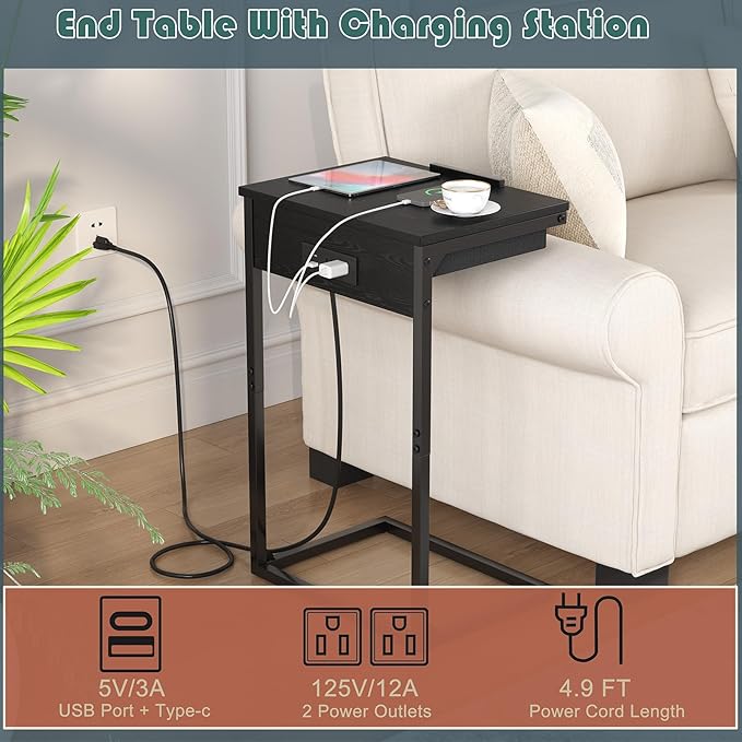 C Shaped End Table with Charging Station, 45° Tiltable Adjustable Flip Top Side - Image 5