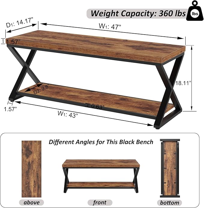 IBF Farmhouse Wood Bench, Industrial Storage Entryway Indoor Bench - Image 2