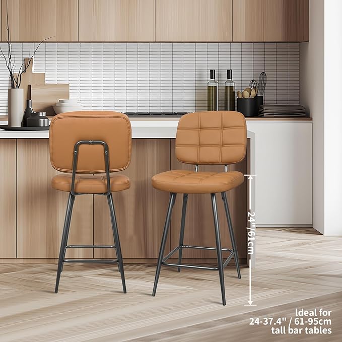 Bar Stools Set of 2, 24 Inch Upholstered Metal Barstool - Image 7