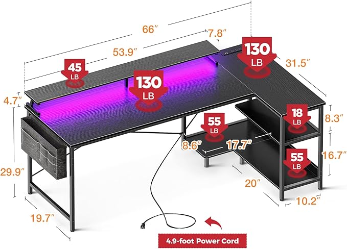 ODK 66 Inch Gaming Desk with USB Charging Ports and LED Lights, Reversible L - Image 3