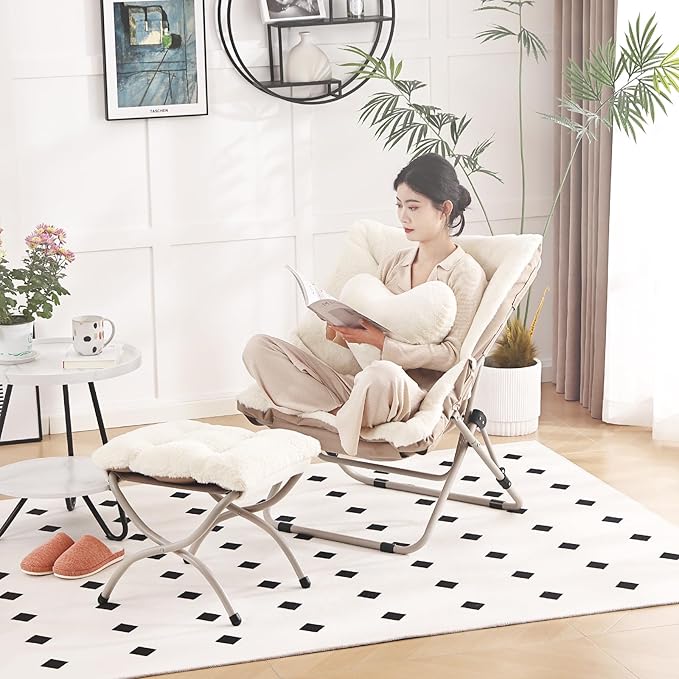 Saucer Chair with Ottoman, Comfy Oversized Folding Chair, Faux-Fur Reading Chair - Image 8