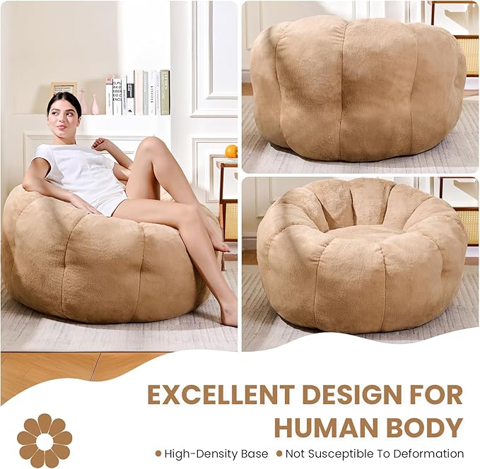 Bean Bag Chair with Filler Included, Faux Fur Comfy Chair with Petal Arm Rest - Image 3