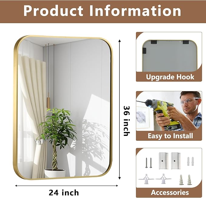 Brushed Gold Mirror, Metal Frame Rectangle Corner Vanity Mirror, Wall Mounted - Image 6