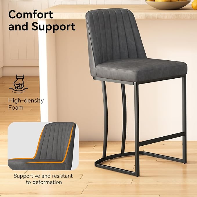 Bar Stools Set of 2, Faux Leather Counter Height Barstools, Upholstered Kitchen - Image 5