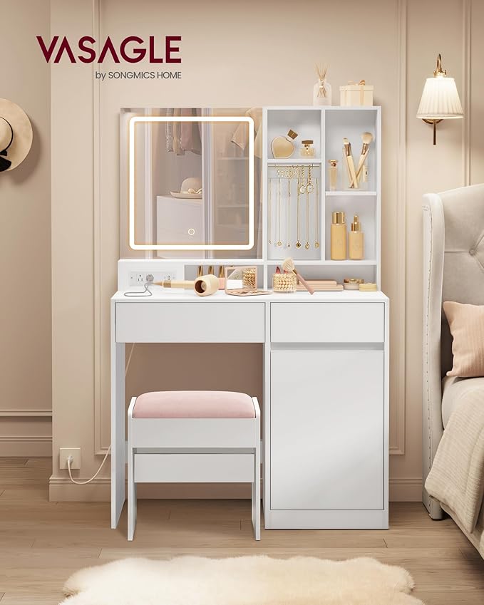 VASAGLE Vanity Desk with Mirror and Lights, Power Outlets, Vanity Table Set - Image 2