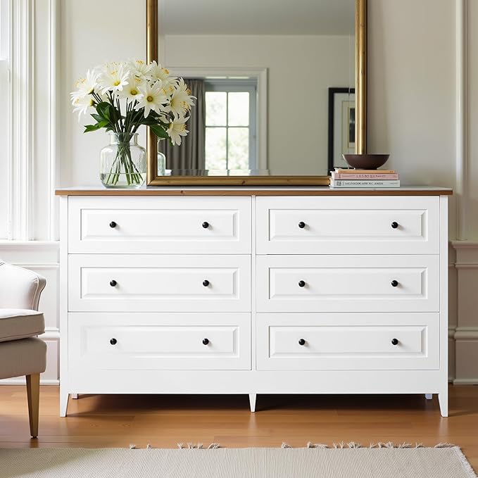 Farmhouse 6 Drawers Dresser for Bedroom, 55.5" Wide Wood Chest of Drawers by LynginsCreativeLife