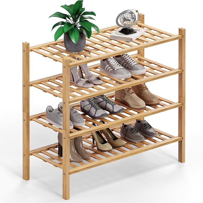 Haddockway 4 Tier Bamboo Shoe Rack Storage Organizer, Small Space 27"x11"x26" by Haddockway