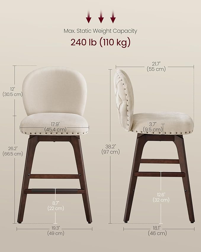 VASAGLE Bar Stools Set of 2, Swivel Counter Height Bar Stools - Image 2