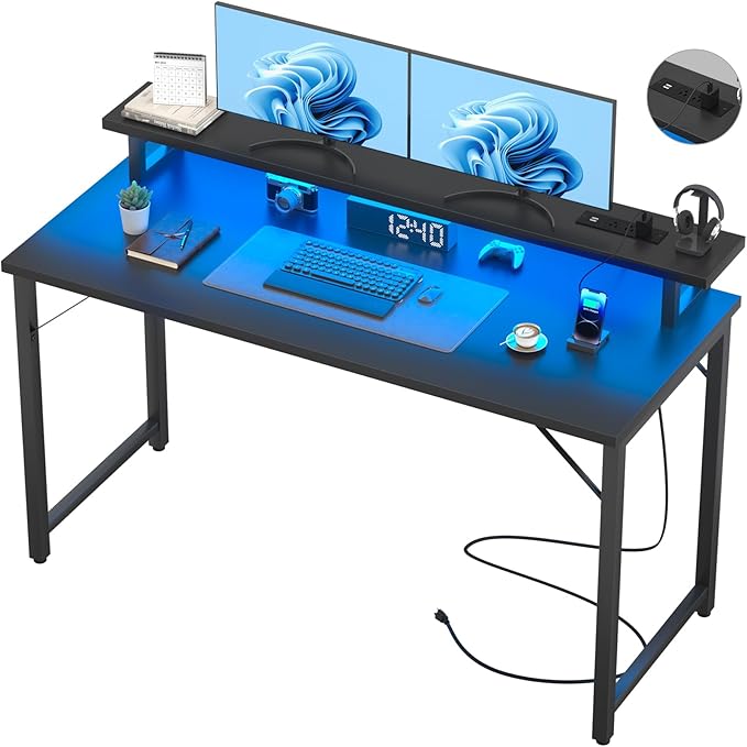 Computer Desk with USB Power Outlets and LED Lights, 55 inch Gaming Desk with by Hyomdeck