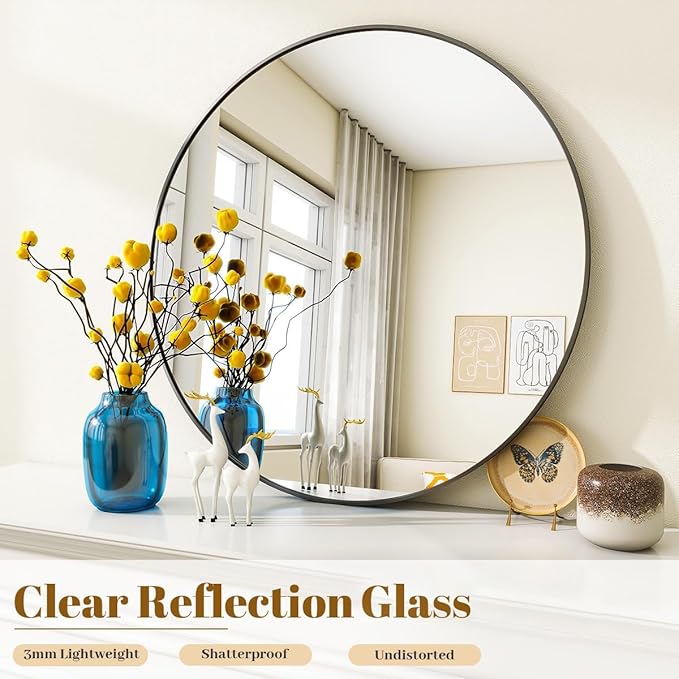 Black Round Bathroom Mirror, 20 inch Circle Wall Mounted Hanging Mirror - Image 4
