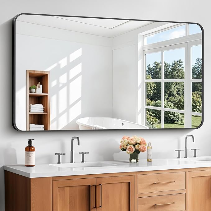Bathroom Mirror, Metal Frame Rounded Corner Vanity Mirror, Large Wall Mounted by WelcometoCIVENO