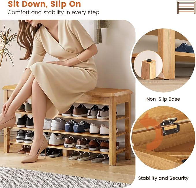 Shoe Rack Bench Seat Rubberwood 3-Tier Wooden Storage Bench 550lbs Compact - Image 6