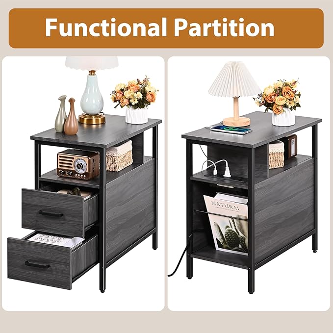 Side Table, End Tables with Charging Station, Narrow End Table with Wooden - Image 5