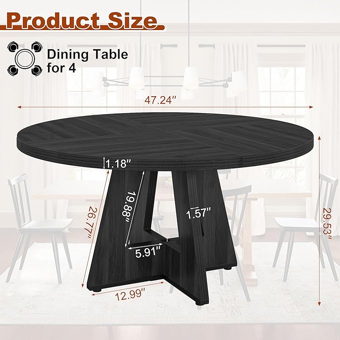 Round Dining Table for 4, 47 Inch Dinner Table Farmhouse Wooden Circle Kitchen - Image 2