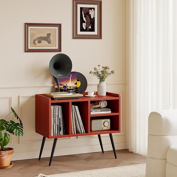 Record Player Stand with Vinyl Storage, Turntable Stand with Solid Wood Legs - Image 6