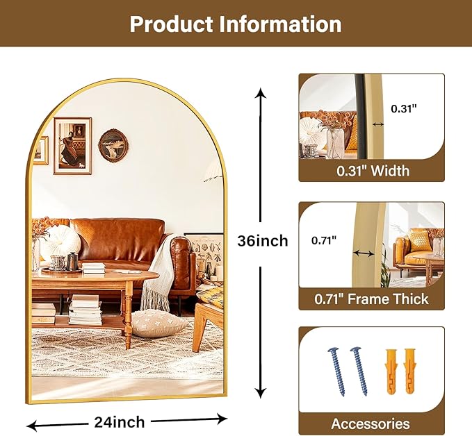 24"x36" Gold Arched Bathroom Mirror - Image 6