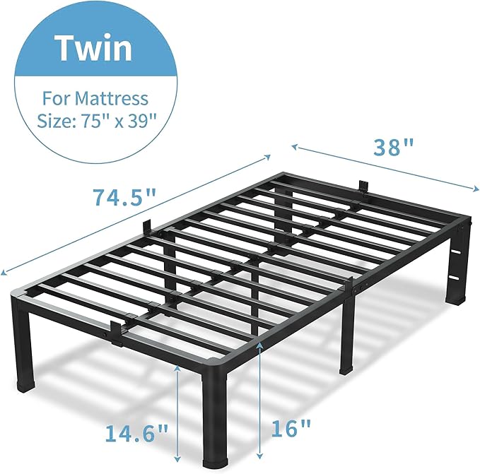 16 Inch Twin Size Bed Frame, 3500Lbs Heavy Duty Metal Platform - Image 3
