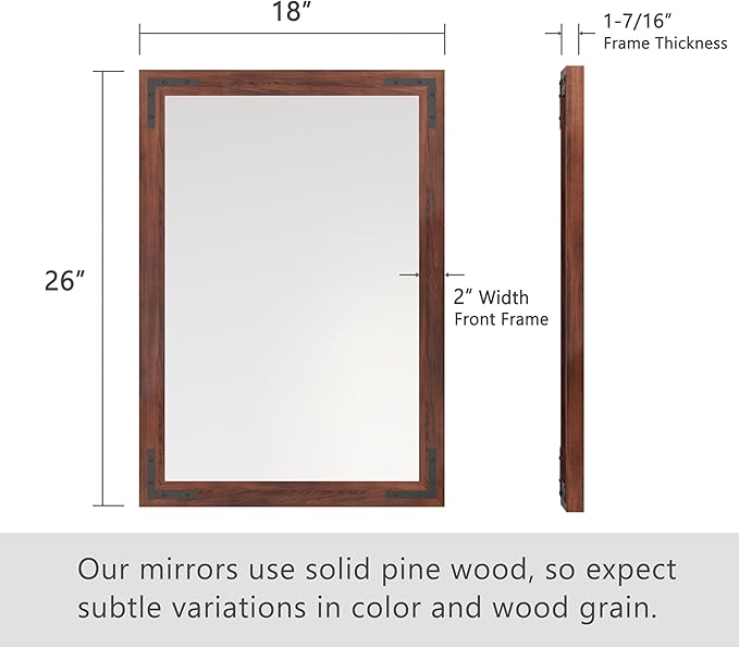 VocalStar Rustic Wood Framed Mirror 18 x 26 Inch, Natural Dark Brown Wooden - Image 6