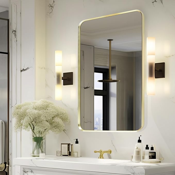 Wall Mount Mirror for Bathroom, Brushed Gold Metal Framed Rounded Corner - Image 3